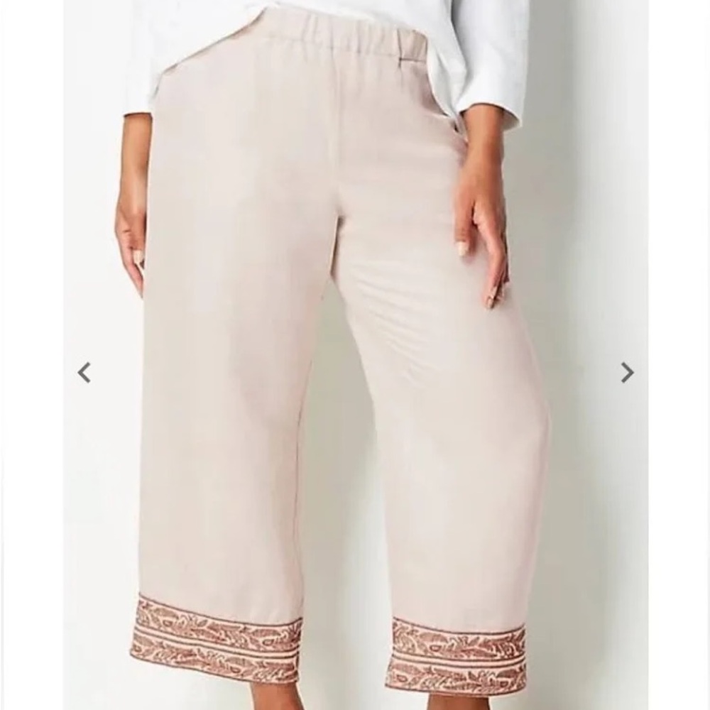 J. Jill Wide Leg Crop Linen blend pants with embroidered hem.